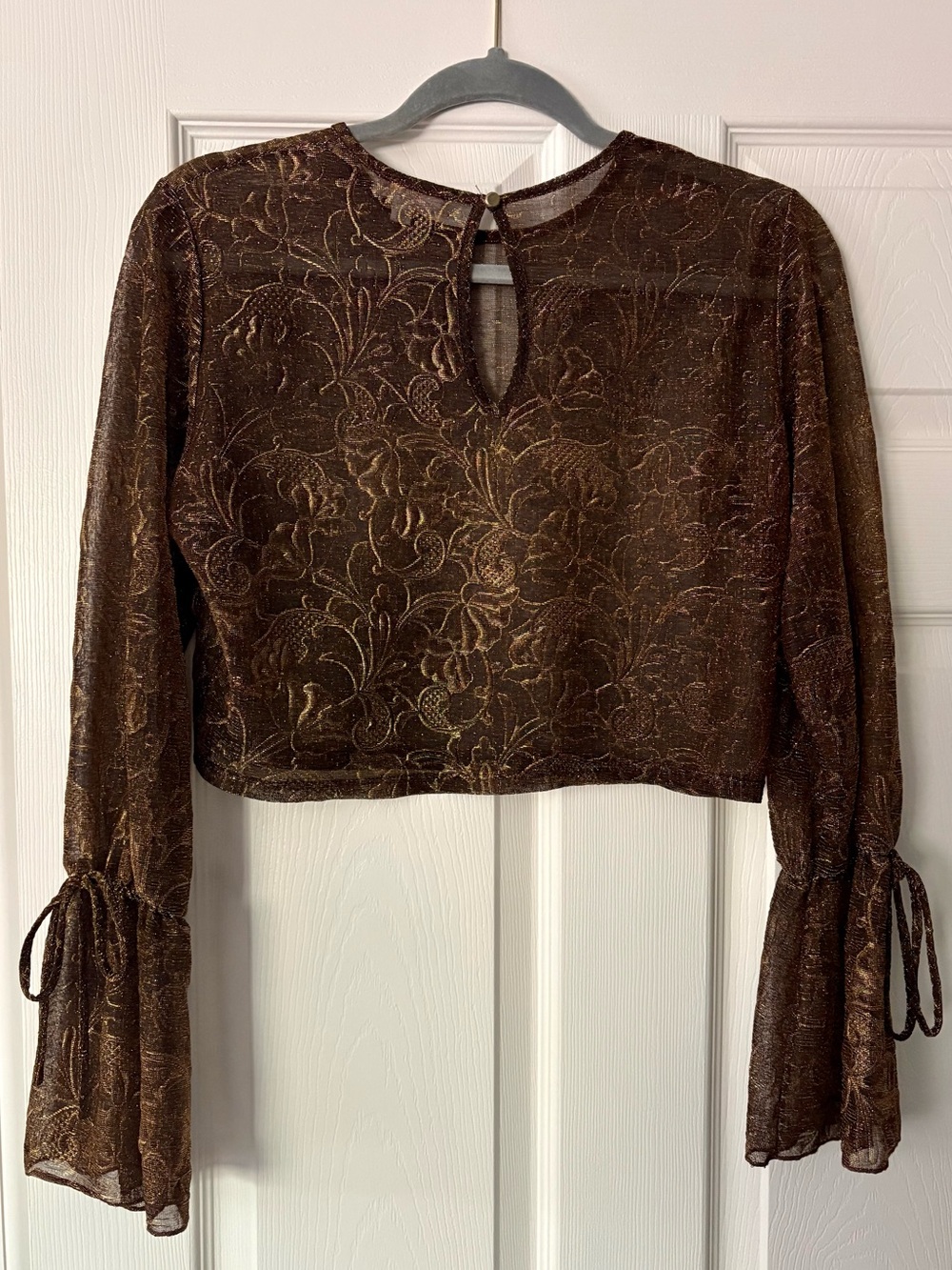 a'gaci Brown Metallic Floral Lace Crop Top